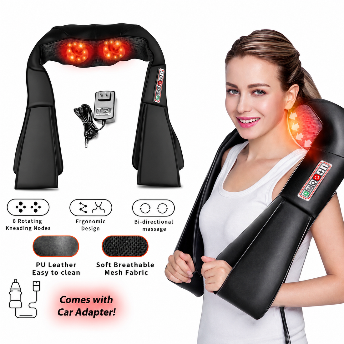 Shiatsu neck and shoulder massager with heat for muscle tension relief