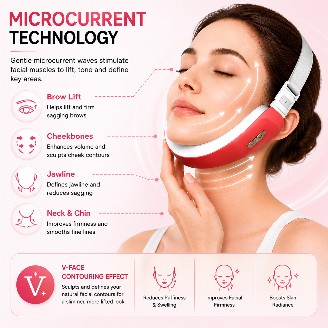 Microcurrent facial toning device used for at-home skin lifting