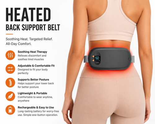Infographic: Elarion heating belt providing soothing heat therapy and lower back support with adjustable fit