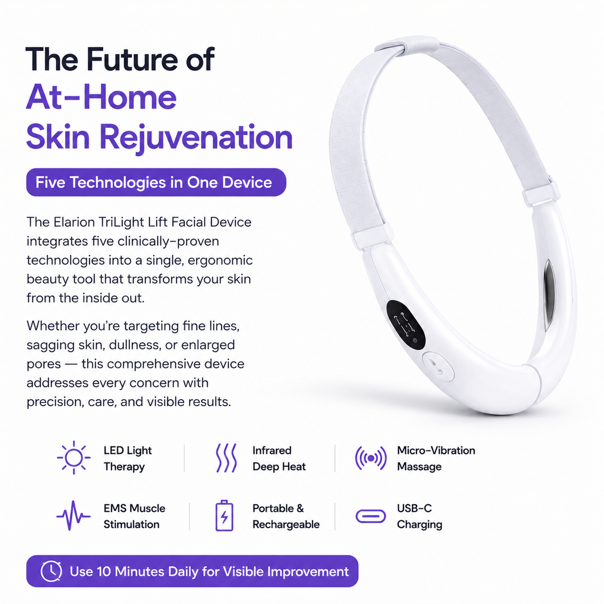 Elarion TriLight Lift Facial Device — LED Light Therapy, Infrared & Vibration Skin Rejuvenation