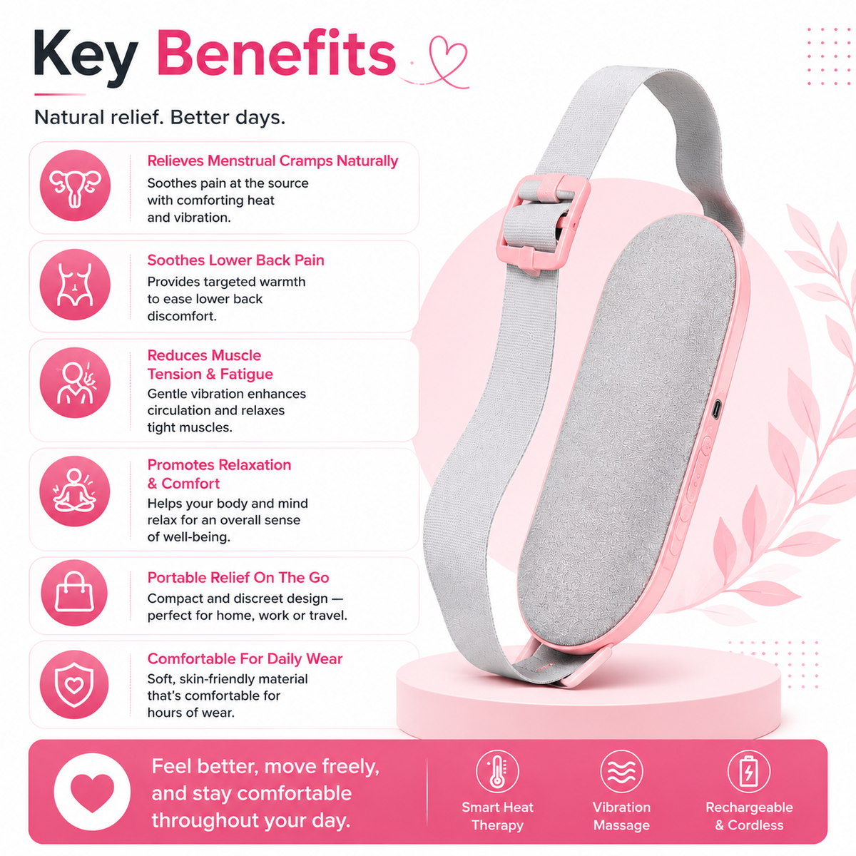 Elarion Menstrual Heating Pad — Smart Heat & Vibration Relief