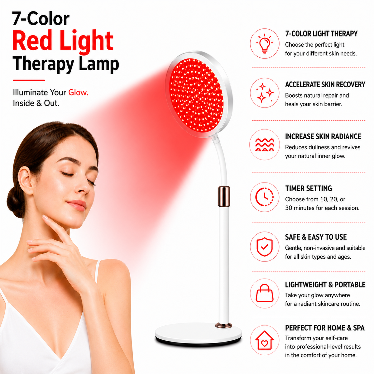 Elarion 7-Color Red Light Therapy Lamp — Face & Neck Skin Rejuvenation
